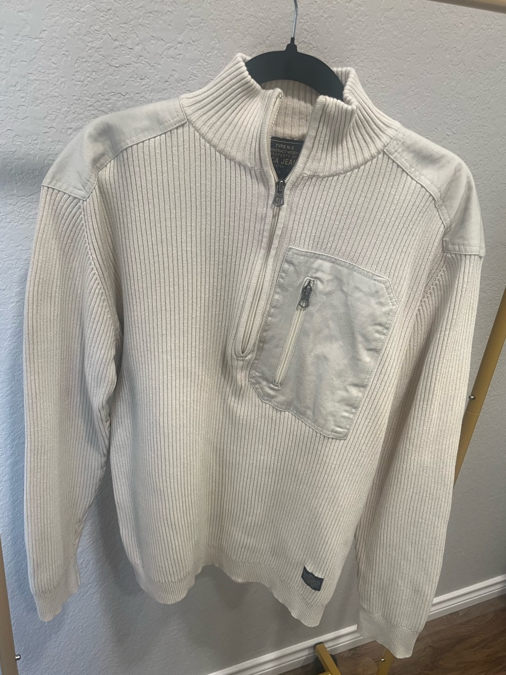 Vintage Y2K Nautica Jeans Co Quarter Zip Sweater XL Cream Military 100% Cotton